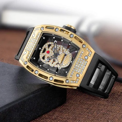Vista 4 de Relojes únicos de calavera para hombre, esfera de esqueleto rectangular, relojes de pulsera analógicos de cuarzo para hombre, relojes de calavera