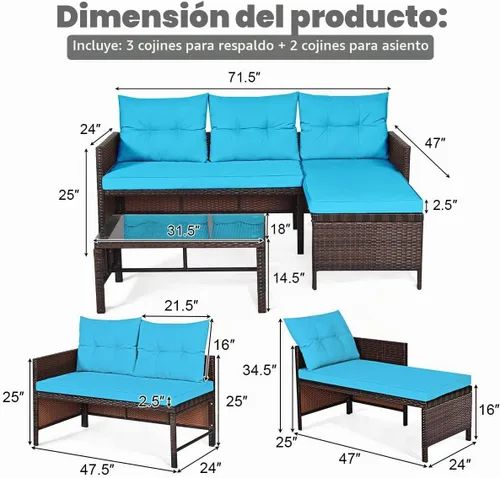 Vista 8 de RELAX4LIFE Juego de muebles de patio de 3 piezas, juego de sofá seccional de mimbre para exteriores con cojín lavable, mesa de centro de vidrio