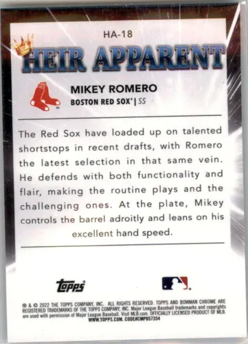 Vista 2 de 2022 Bowman Draft Chrome Heir Apparent #HA-18 Mikey Romero Boston Red Sox Official MLB Baseball Card in Raw (NM or Better) Condition