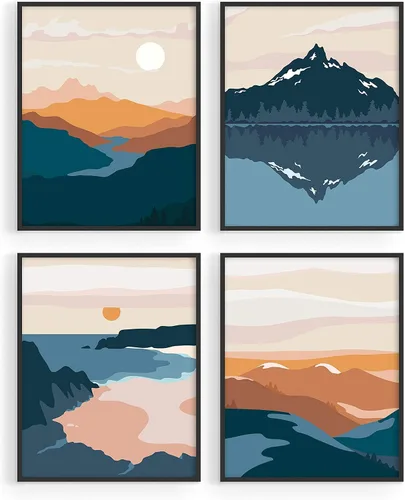 Vista 16 de HAUS AND HUES Arte de pared de montaña – Juego de 4 decoración de paisaje moderno de mediados de siglo, naturaleza y arte moderno Marco beige de 8
