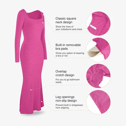Vista 4 de Popilush - Vestido moldeador de manga larga para mujer, vestido de control de abdomen para otoño, con brasier integrado