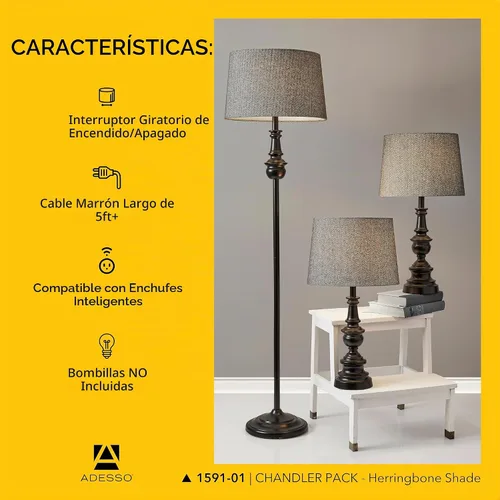 Vista 5 de Adesso Juego de lámparas de 3 piezas: dos lámparas de mesa y una lámpara de pie - Base con acabado de bronce, sombra de espiga oscura, iluminación