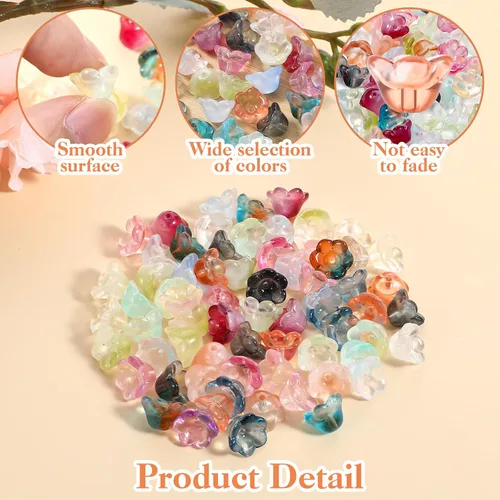 Vista 4 de 100 cuentas de cristal con forma de campana, mezcla de arco iris, cuentas de flores checas para hacer joyas, cuentas de vidrio pequeñas
