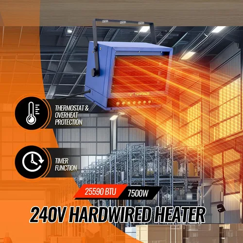 Vista 2 de TEMPWARE Calentador eléctrico de garaje de 7500 W, 240 V con cableado digital de montaje en techo con ventilador forzado con control remoto