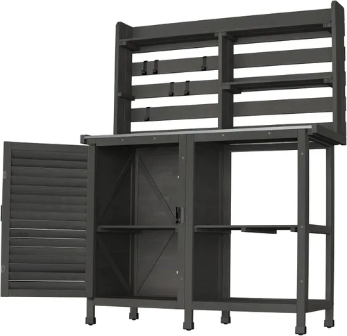 Vista 6 de GDLF Mesa de banco para macetas, banco de trabajo grande para jardín, al aire libre, estación de trabajo de mesa de metal con estante de gabinete