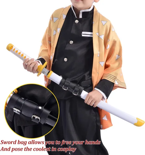 Vista 5 de Demon Slayer - Espada para niños de 31 pulgadas, hoja de bambú con cinturón y soporte de espada, espada de anime de textura original, Katana Demon
