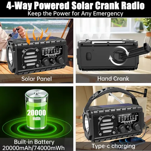 Vista 4 de Aivica Radio de Emergencia de 20000mAh, Radio Meteorológica SW/NOAA/AM/FM, Cargador de Manivela Solar con Batería Grande, Portátil, Carga