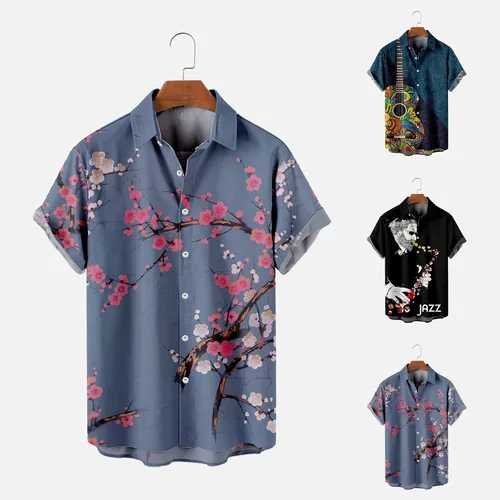 Vista 5 de Camisas hawaianas de bolos para hombre, manga corta, cuello con bandas, botones y bolsillos, camisas de guayabera cubana