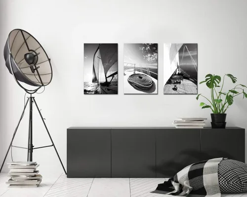 Vista 3 de LevvArts 3 piezas de arte de pared en blanco y negro, yate, velero, al atardecer, pintura náutica, decoración de pared para el hogar, oficina, sala