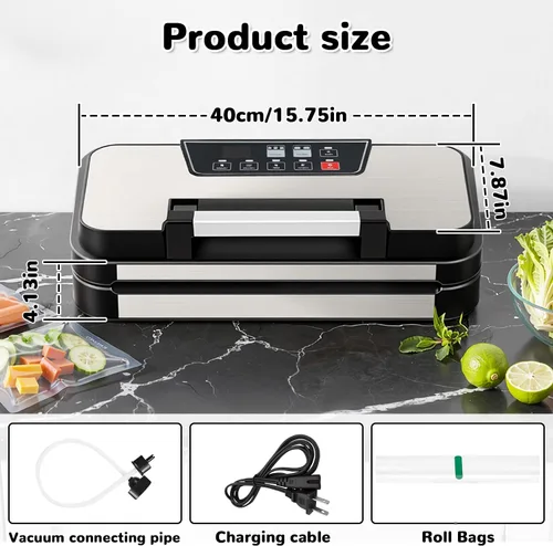 Vista 5 de Máquina selladora al vacío, potente sellador automático de alimentos de 95 Kpa, cortador integrado y almacenamiento de bolsas, pantalla de progreso