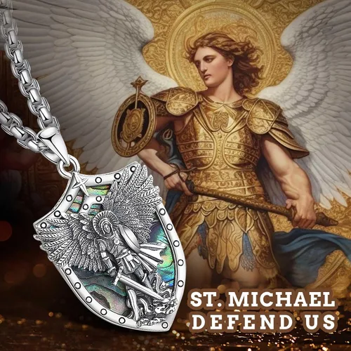 Vista 6 de AEONSLOVE Collar de San Miguel para hombres y mujeres, plata de ley 925, colgante de arcángel de San Miguel con madreperla de San Miguel collar