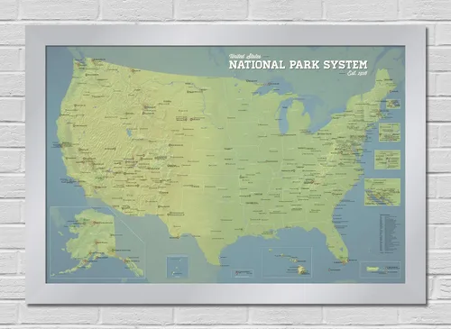 Vista 18 de Póster de unidades del sistema de parques nacionales de EE. UU., mapa de 24 x 36 pulgadas (beige y azul claro)