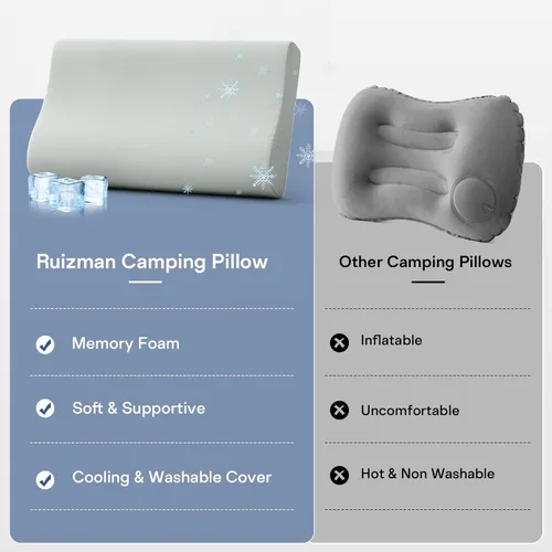 Vista 8 de Almohada de viaje de espuma viscoelástica – Almohadas de camping refrescantes para dormir 2 alturas – Pequeña almohada de espuma viscoelástica