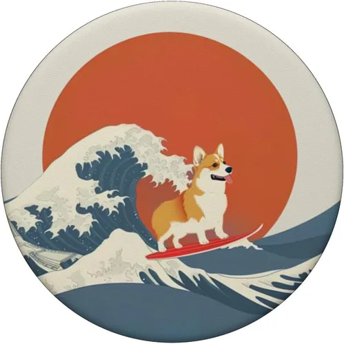 Vista 3 de Cute Corgi Dog Surfboarding Japanese Great Wave Dog Lover PopSockets Standard PopGrip