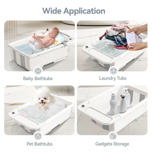 Vista 7 de Bañera plegable para bebé con soporte, bañera grande para bebé con termómetro y cojín Bañera portátil de viaje para recién nacidos Bañera