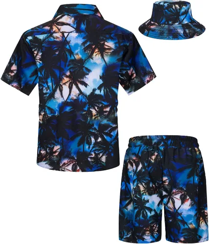 Vista 2 de TUNEVUSE Little & Big Boys - Conjunto de camisas hawaianas con botones y pantalones cortos con sombrero de pescador, trajes de verano estampados