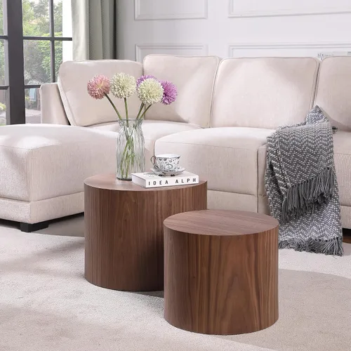 Vista 19 de Juego de 2 mesas de centro anidadas, modernas mesas de centro redondas de madera, mesa auxiliar decorativa para espacios pequeños, sala de estar