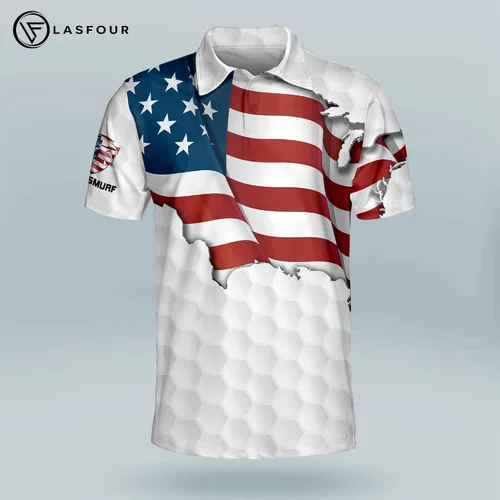 Vista 2 de LASFOUR Polo de golf divertido personalizado para hombre con bandera americana polo de golf orgulloso patriótico 3D para hombre
