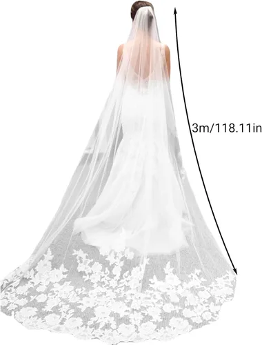 Vista 4 de Velo de novia con borde de encaje marfil con peine, tul de 118 pulgadas de longitud, Blanco