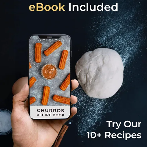 Vista 4 de Churrera Churro Maker Machine - Libro electrónico de recetas gratis incluido - 8 discos intercambiables - Máquina para hacer churros - Máquina