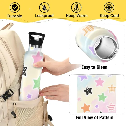 Vista 4 de Gradient Rainbow Star - Botella de agua para niños a prueba de fugas y sin BPA con tapa con pajilla, doble pared aislada al vacío para deportes