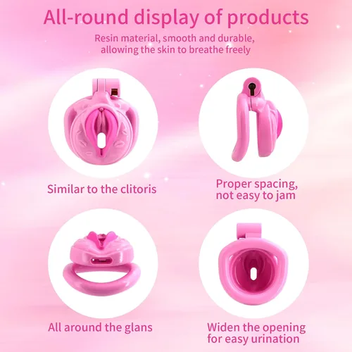 Vista 4 de Jaula de castidad masculina ligera ABS + dispositivo de castidad de resina, juguetes sexuales para adultos con 4 tamaños diferentes de anillos, Rosa
