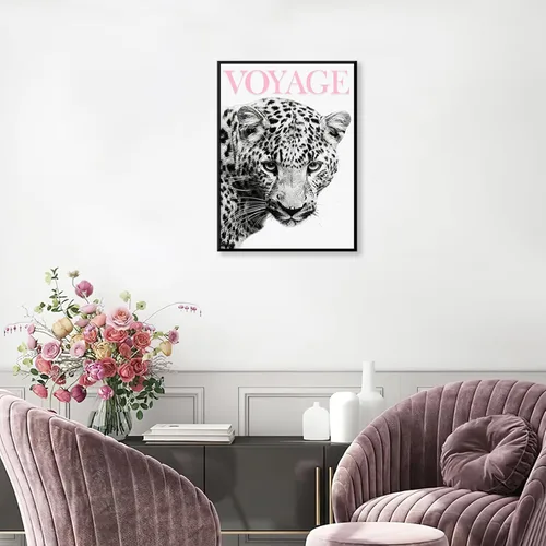 Vista 2 de Arte de pared con estampado de leopardo y estampado de leopardo de color rosa, diseño de guepardo blanco y negro, decoración de lienzo de lujo