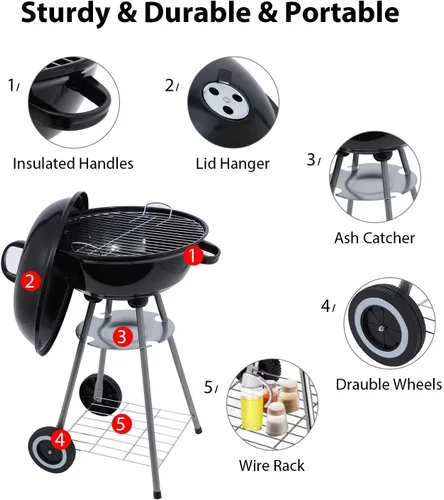 Vista 10 de Parrilla de carbón de 18 pulgadas con cubierta de parrilla impermeable para patio al aire libre, picnic, camping, barbacoa hervidor