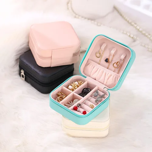 Vista 6 de Mini estuche de viaje para joyas, pequeña caja organizadora de joyas portátil, caja de almacenamiento portátil para anillos, aretes, collares