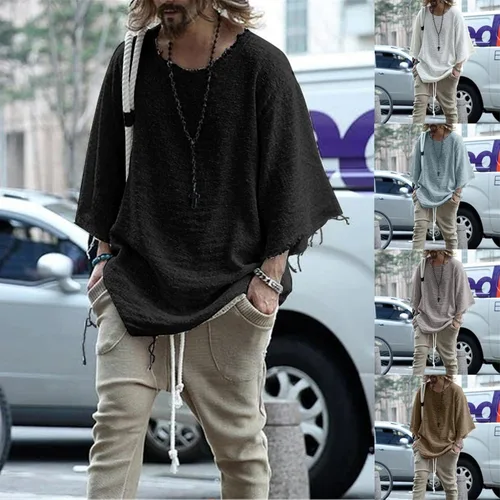 Vista 5 de Camisas de algodón y lino con flecos de verano para hombre, estilo hippie, holgado, manga 34, tallas grandes y altas, hip hop, playa, yoga