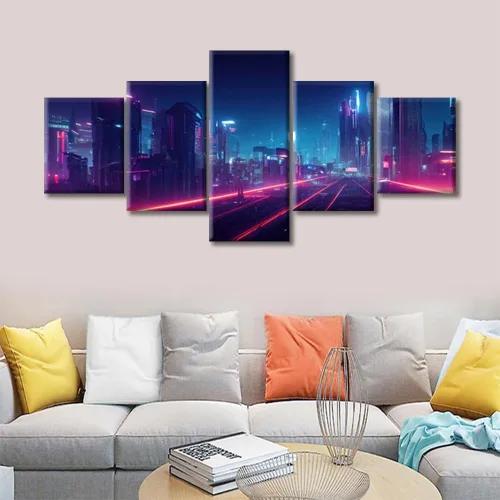 Vista 191 de Cuadros de 5 paneles de Cyberpunk City, arte de pared, representación de vallas publicitarias, edificios modernos en la capital con obras de arte