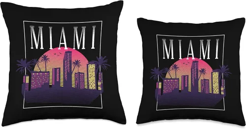 Vista 3 de Miami Florida USA Skyline Silhouette Outline Sketch Throw Pillow