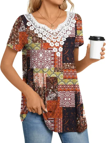 Vista 3 de CATHY Blusa de verano para mujer, manga corta, cuello en V, encaje de ganchillo, casual, plisada