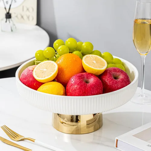 Vista 5 de Frutero de cerámica, cuencos decorativos grandes de 11 pulgadas, bandeja de pedestal blanca y base dorada, frutero para encimera de cocina, bandejas