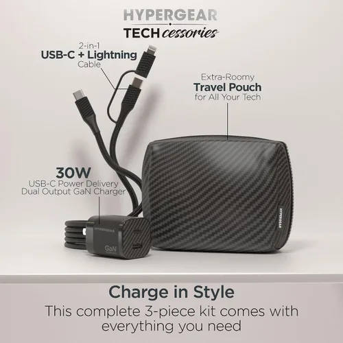 Vista 2 de Cargador de pared USB-C GaN de 30 W, bolsa de viaje, cable USB-C y Lightning 2 en 1, kit de cable de carga súper rápido para iPhone, iPad, teléfonos