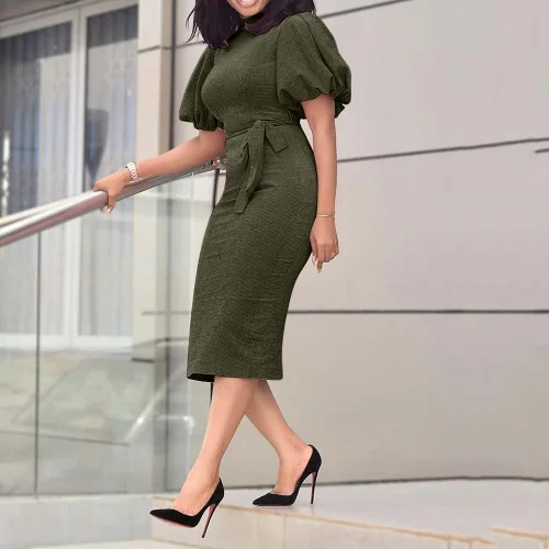 Vista 2 de VERWIN Vestido bodycon de mujer de oficina con manga corta a media pantorrilla con cuello alto