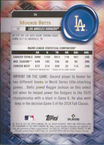Vista 2 de Baseball Trading Card MLB 2022 Topps Gold Label Class 1#16 Mookie Betts NM Near Mint Dodgers