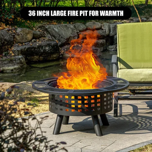 Vista 4 de Verdeluxe Hoguera al Aire Libre de 91 cm con Parrilla, Hogueras de Leña para Exteriores con Tapa y Atizador, Mesa de Hoguera 3 en 1 de Metal