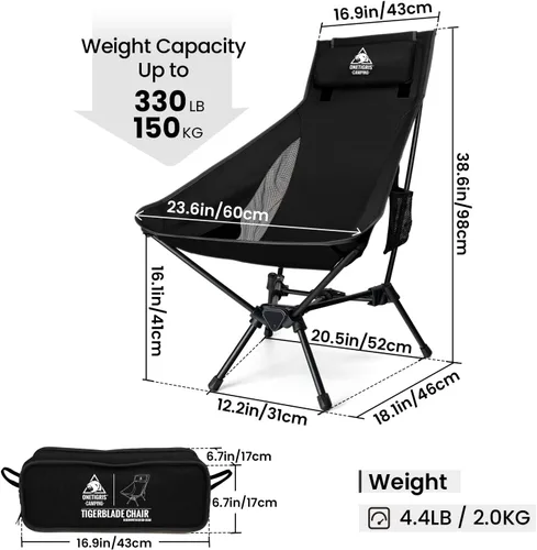 Vista 3 de ONETIGRIS Silla de Camping de Respaldo Alto Tigerblade con Diseño de Almohada, Silla Plegable Cómoda con Asiento Ampliado
