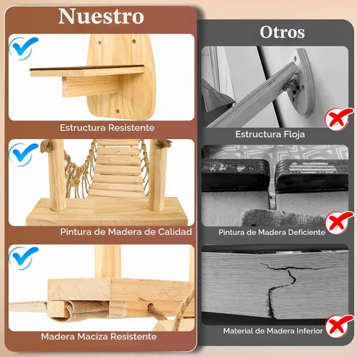 Vista 8 de Calmbee Estantes de Pared para Gatos, Muebles de Pared para Gatos Puente para Gatos de 70" Montaje en Pared Percha para Gatos Hamaca de Madera Árbol