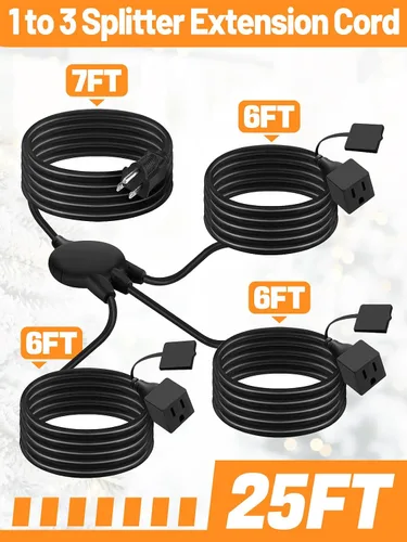 Vista 4 de Cable de extensión para exteriores con múltiples tomas - Divisor de corriente impermeable navideño de 1 a 3, certificado UL, cables de corriente