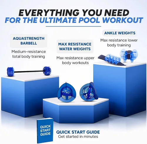 Vista 4 de Hydrorevolution Ultimate Pool Exercise Bundle Pesos de agua de alta resistencia Equipo de ejercicio acuático Campanas azules, aletas y barra