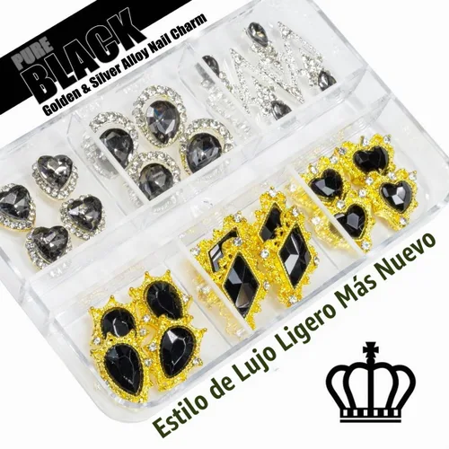 Vista 2 de 24 piezas de piedras brillantes negras para uñas, dijes de uñas de lujo, dijes de corazón negro de jet para uñas, gemas grandes de 3D para uñas