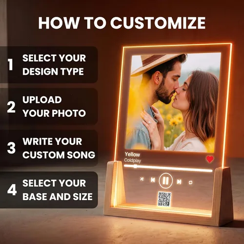 Vista 3 de Placa de música personalizada con soporte de luz LED - Placa de canción personalizada para pareja con código y texto, regalo de última hora, regalo