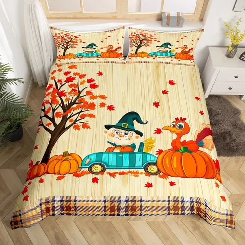 Vista 21 de Erosebridal Juego de funda de edredón individual de pavo de Acción de Gracias, juego de ropa de cama de calabaza y hojas de otoño para niños