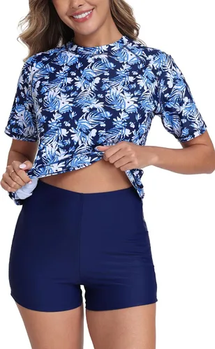 Vista 10 de Halcurt Conjunto de protección solar de manga corta de dos piezas para mujer, con UPF 50, camiseta de baño con pantalones cortos de tabla de surf