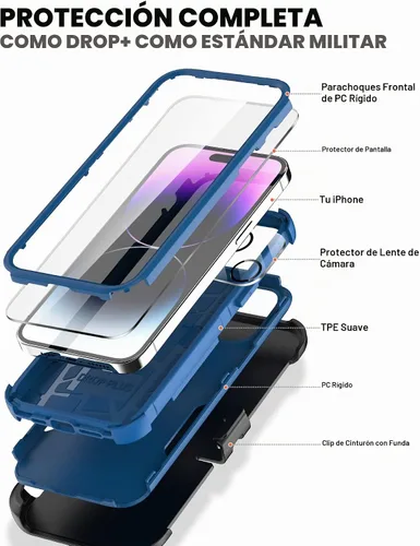 Vista 2 de Defender - Funda para iPhone 14 con clip para cinturón, 2 protectores de pantalla + protector de lente de cámara; funda protectora resistente a Azul