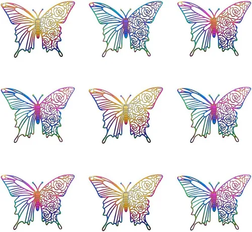 Vista 14 de Beadthoven - Dije de filigrana de acero inoxidable con dije de filigrana, colgantes, hojas de plumas, mariposas, gotas de té color arco iris Surtido