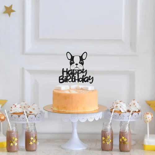 Vista 5 de Decoración para tartas de bulldog francés de feliz cumpleaños, decoración de pastel de baby shower, suministros para fiesta de cumpleaños