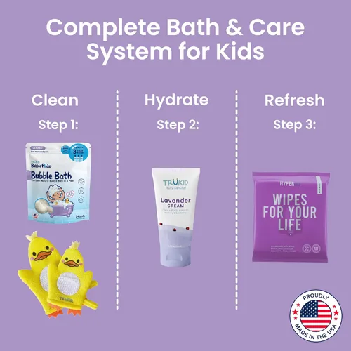 Vista 2 de TruKid Bath Baby Essentials, juego de cuidado de la piel para niños, baño de burbujas para niños, loción de lavanda y toallitas corporales, juego